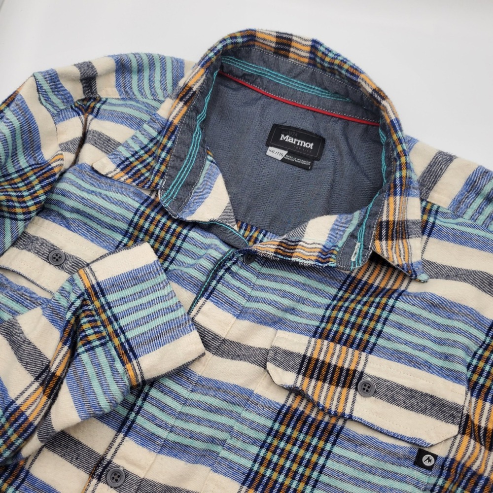 Marmot Mens Plaid Flannel Button Up Shirt Blue Cream XXL